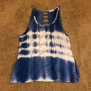 Blue and white soft tie dye tank with cut out back